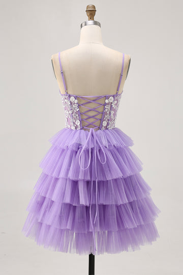 Lavender Corset Tiered A Line Homecoming Dress with Appliques